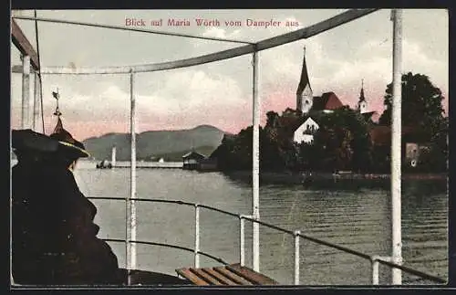 AK Maria Wörth am Wörthersee, Blick vom Dampfer zum Ort mit Kirche