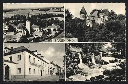 AK Saxen /Ob.-Oe., Gusenbauers Gasthof, Ortsansicht mit Kirche, Wasserfall