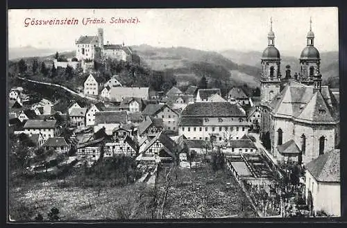 AK Gössweinstein /Fränk. Schweiz, Ortsansicht mit Kirche, Schloss und Fachwerkhäusern