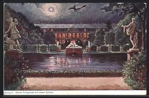 AK Stuttgart, Oberer Anlagensee mit neuem Schloss