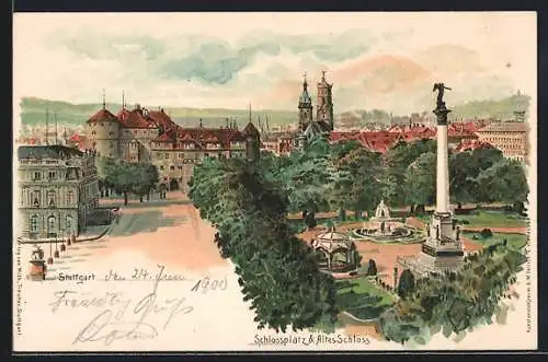 Lithographie Stuttgart, Schlossplatz und altes Schloss