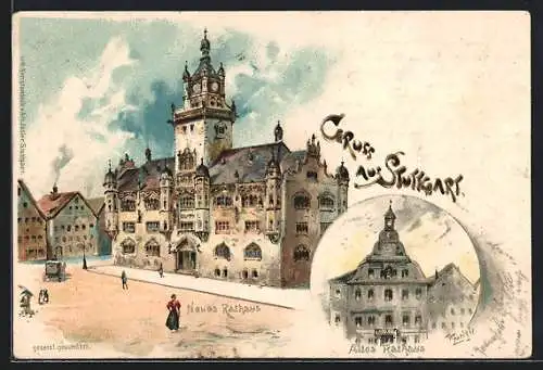 Lithographie Stuttgart, Neues Rathaus und Altes Rathaus