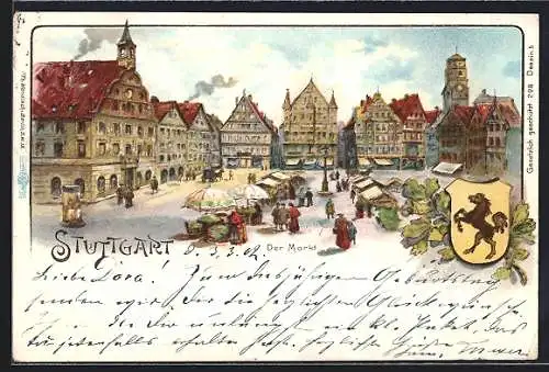 Lithographie Stuttgart, Markt mit Ständen, Wappen