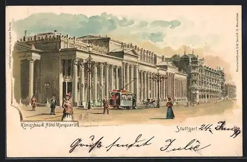 Lithographie Stuttgart, Ansicht Königsbau u. Hotel Marquard