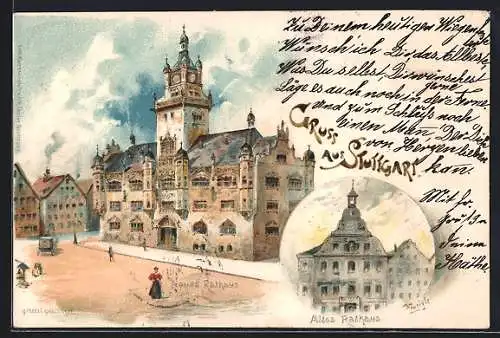 Lithographie Stuttgart, Partie am Neuen Rathaus