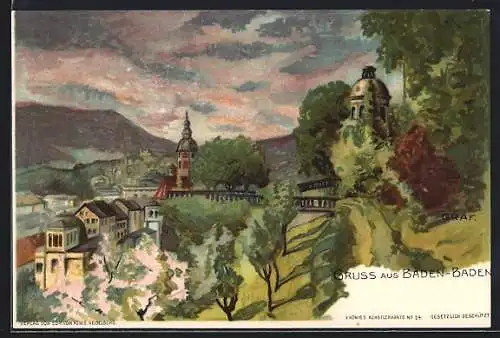 Künstler-AK Gottfried Graf: Baden-Baden, Ortspartie mit Brücke