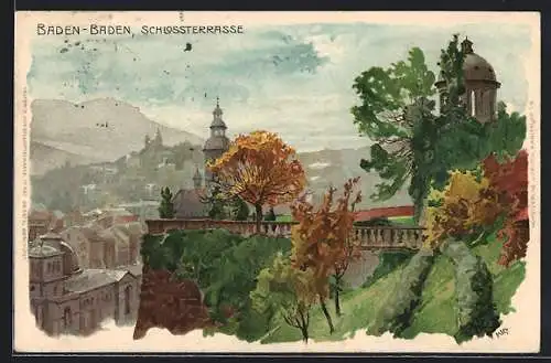 Künstler-AK Heinrich Kley: Baden-Baden, Schlossterrasse mit herbstlichem Laub