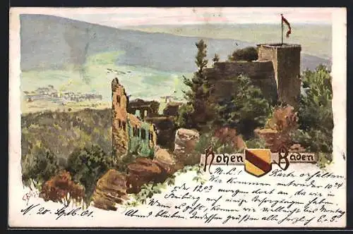 Künstler-AK C.Biese: Baden-Baden, Ruine Hohen Baden mit Panorama