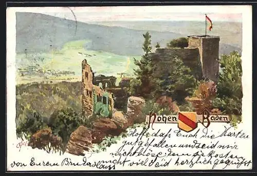 Künstler-AK C.Biese: Baden-Baden, Ruine Hohen Baden mit Panorama