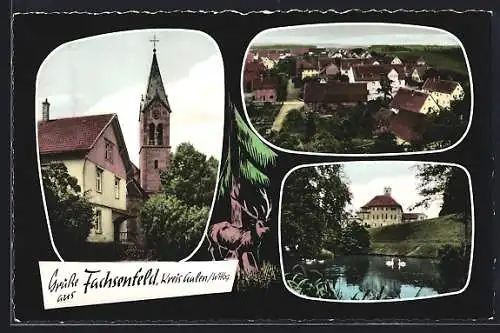 AK Fachsenfeld /Kreis Aalen, Teilansicht mit Strassenpartie, Kirche, Uferpartie