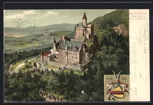 Künstler-AK Baden-Baden, altes Schloss vor der Zerstörung, Wappen