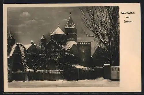 AK Schweinfurt, Alter Stadtturm und katholische Kirche im Schnee