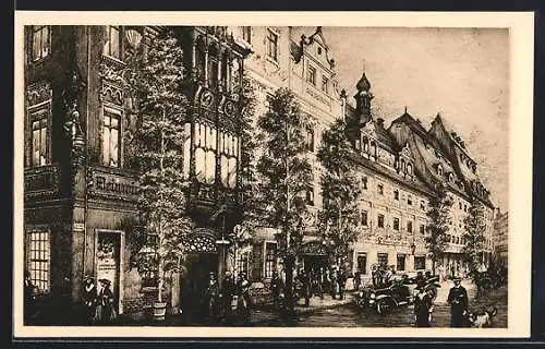 Künstler-AK Leipzig, Hotel Thüringer Hof, Hausansicht im Maienschmuck