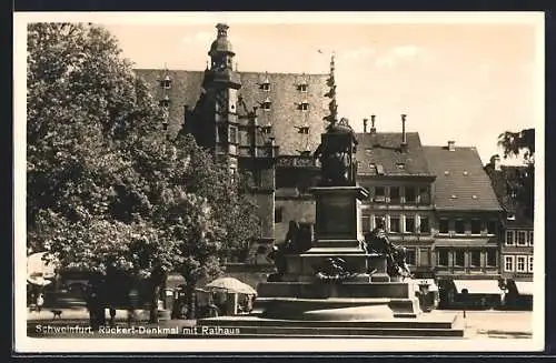 AK Schweinfurt, Rückert-Denkmal mit Rathaus