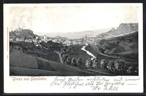 AK Gerolstein /Eifel, Ortsansicht mit Burgruinen und Fluss
