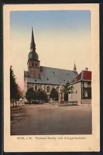 AK Werl i. W., Probstei-Kirche und Kriegerdenkmal