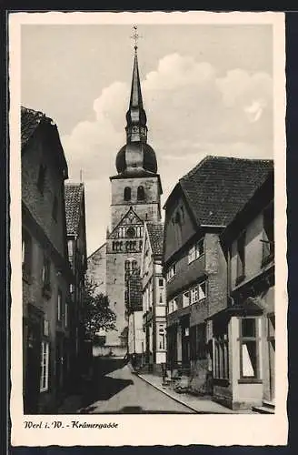 AK Werl i. W., Krämergasse mit Kirche