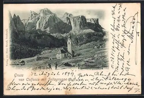 AK Colfosco, Ortsansicht mit Kirche und Sellagruppe