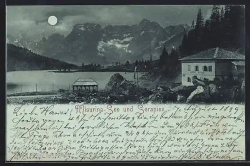 Mondschein-AK Misurina-See, Albergo Misurina, Sorapiss