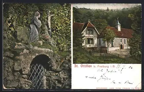 AK St. Ottilien / Freiburg, Jesuskreuz und Blick auf einen Hof