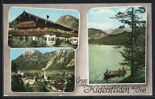 AK Kiefersfelden a. Inn, Ortsansicht mit Hechtsee und Kaisergebirge