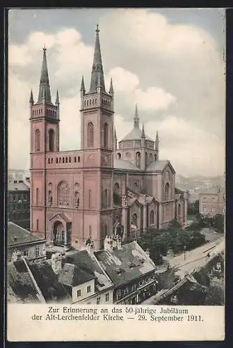 AK Wien, Alt-Lerchenfeld, Alt-Lerchenfelder Kirche mit Strasse aus der Vogelschau, Jubiläum 1911