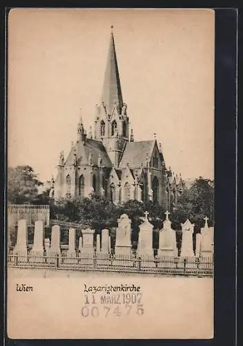 AK Wien, Lazaristenkirche mit Kirchhof