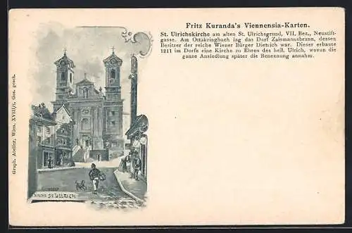 Künstler-AK Wien, St. Ulrichskirche am alten St. Ulrichsgrund mit Neustiftgasse