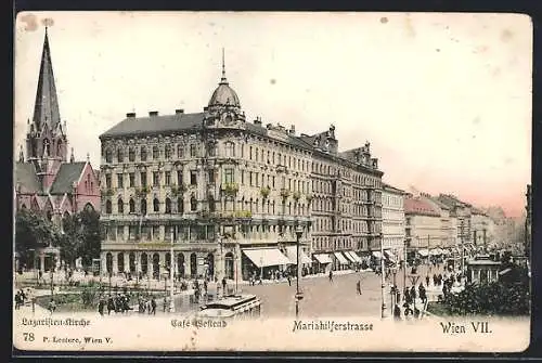 AK Wien, Mariahilferstrasse mit Lazaristenkirche und Cafe Westend