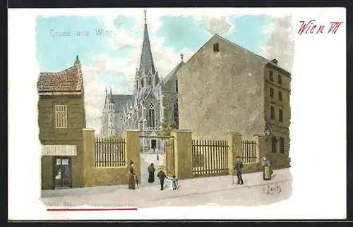 Künstler-AK Wien, Lazaristenkirche mit Aussentor, von der Strasse gesehen