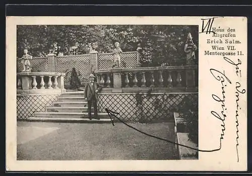 AK Wien, Haus des Altgrafen Erich Salm, Mentergasse 11, Balustrade mit Treppe und Skulpturen