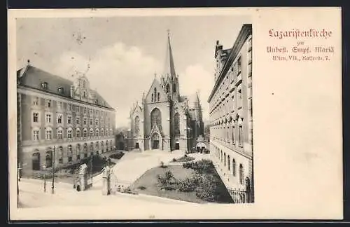 AK Wien, Lazaristenkirche mit Anlagen aus der Vogelschau