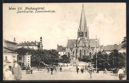 AK Wien, Neubaugürtel, Sophienspital und Lazaristenkirche, Strassenpartie