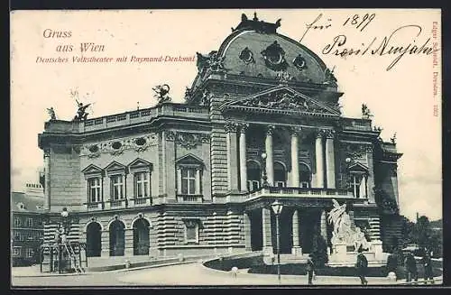 AK Wien, Deutsches Volkstheater mit Raymund-Denkmal