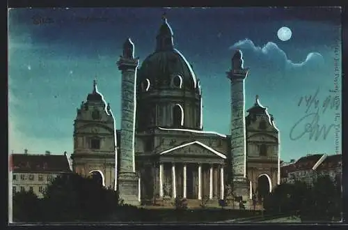 AK Wien, Karlskirche bei Mondschein