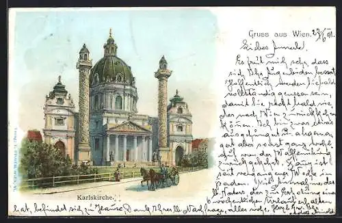Lithographie Wien, Karlskirche mit Pferdewagen