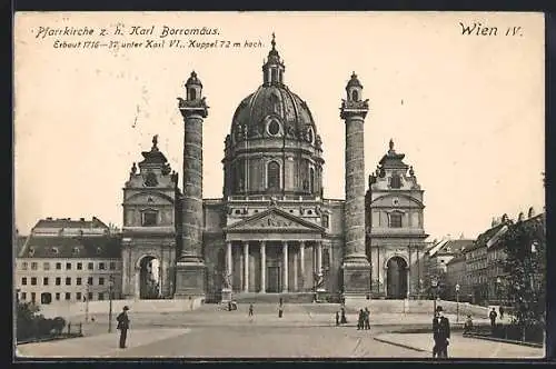 AK Wien, Partie bei der Pfarrkirche z. h. Karl Borromäus mit Leuten