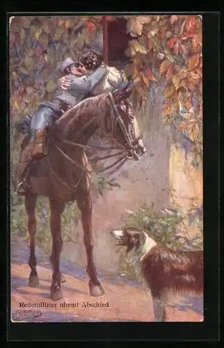 Künstler-AK Österreichischer Reiteroffizier nimmt Abschied von seiner Geliebten