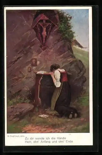 Künstler-AK junge Dame betet am Bildstock