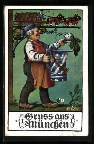 Künstler-AK Max Luber: Münchner Oktoberfest, Wirt mit grossem Krug