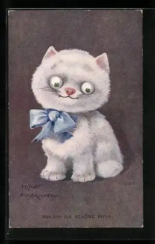 Künstler-AK A. E. Kennedy: Ich bin die schöne Fifi!, Weisse Katze mit Schleife