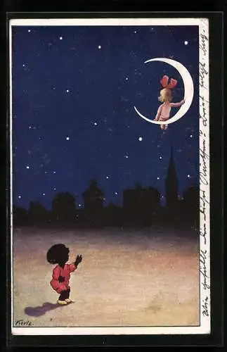 Künstler-AK Korle: Kleiner Junge besingt auf dem Mond sitzendes Mädchen, Komm` herab, o Madonna Theresa!