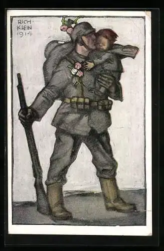 Künstler-AK Richard Klein: Soldat mit Kind auf dem Arm, Bayerische Kriegsinvaliden-Fürsorge