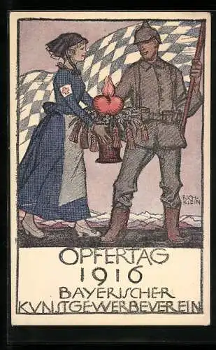 Künstler-AK Richard Klein: Opfertag 1916 Bayerischer Kunstgewerbeverein, Soldat und Rot-Kreuz-Schwester