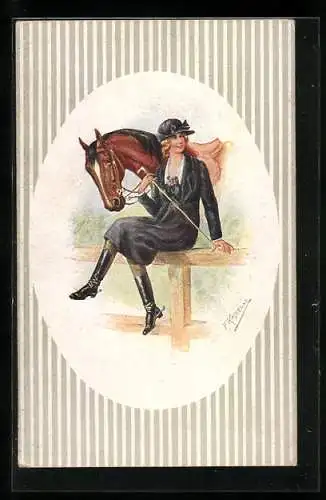 Künstler-AK Kaskeline: Frau sitzt auf dem Zaun der Koppel, Pferd steht daneben
