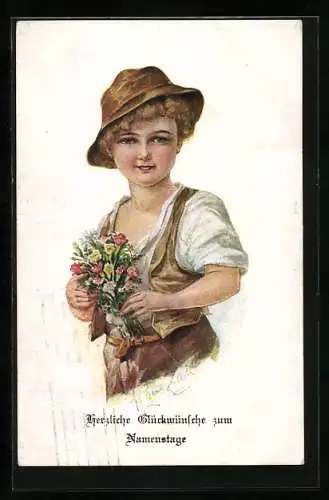 Künstler-AK H. Zahl: Junge mit Blumenstrauss und Namenstagswünschen