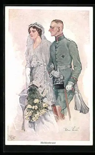 Künstler-AK Hans Leu: Heldenbraut, Soldat in Uniform bei seiner Hochzeit