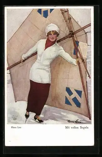 Künstler-AK Hans Leu: Mit vollen Segeln, Dame beim Eissegeln