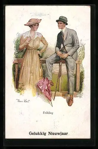 Künstler-AK Hans Leu: Frühling, Frau flirtet im Grünen mit Mann