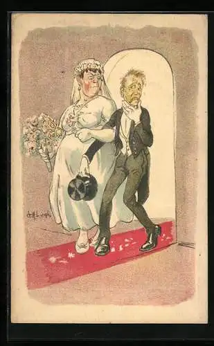Künstler-AK Dicke Frau mit ihrem unglücklichem Mann bei der Hochzeit